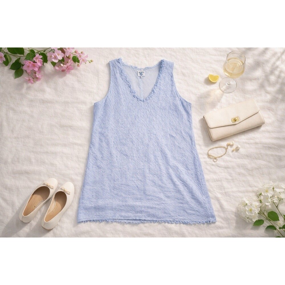 HIHO Linen Shift Dress Blue White Striped Coastal Raw Edge Beach Resort Large